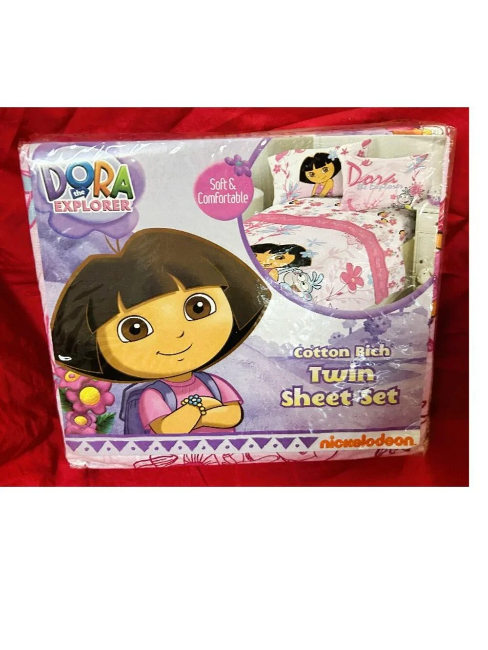 NEW~TWIN sz~Comforter+Sheet Set~Dora the Explorer boots monkey~pink COTTON RICH